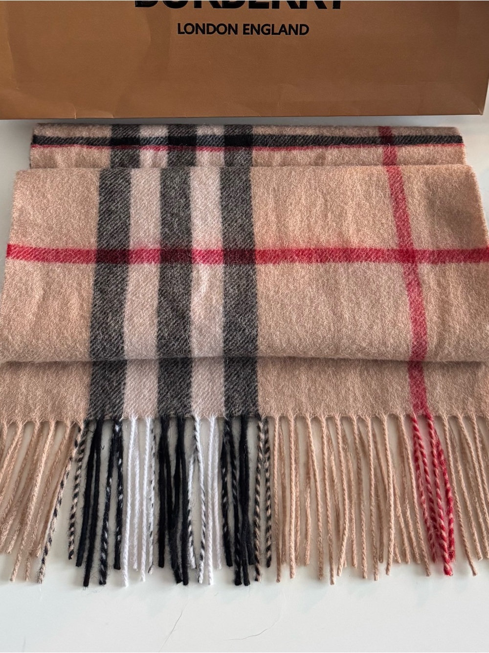 Classic Plaid Check Scarf - Beige with Black & Red - Unisex
